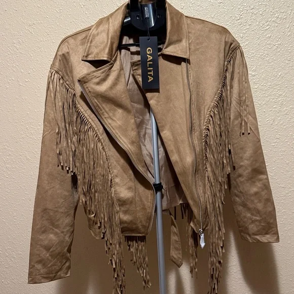 Western Tan fringe cropped moto zip jacket faux suede with belt women’s MEDIUM - Picture 12 of 15